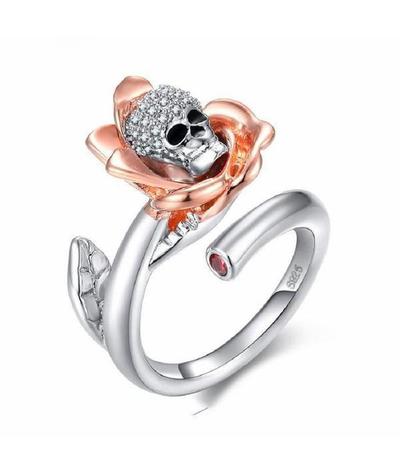 Bague Tête de Mort Femme <br>Crâne dans Fleur (Argent)