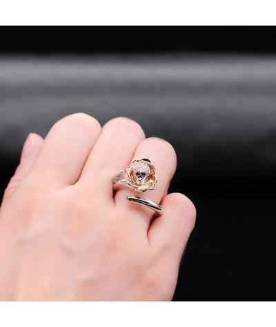 Bague Tête de Mort Femme <br>Crâne dans Fleur (Argent)-Calaveras