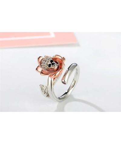 Bague Tête de Mort Femme <br>Crâne dans Fleur (Argent)-Calaveras