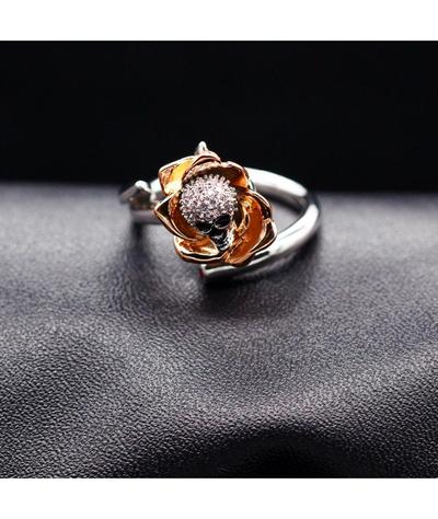 Bague Tête de Mort Femme <br>Crâne dans Fleur (Argent)-Calaveras
