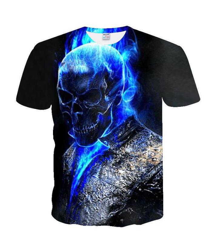 T-Shirt Tête de Mort <br> En Feu Bleu
